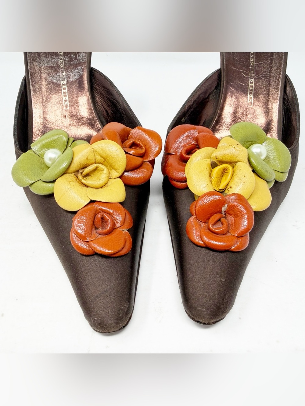 Giuseppe Zanotti Floral Mule Heels Brown Satin Pointed Toe Womens Size EU 39 - Picture 3 of 10